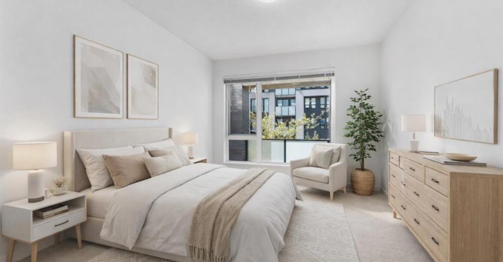 Interior of Burnaby North condo under $650K with modern bedroom